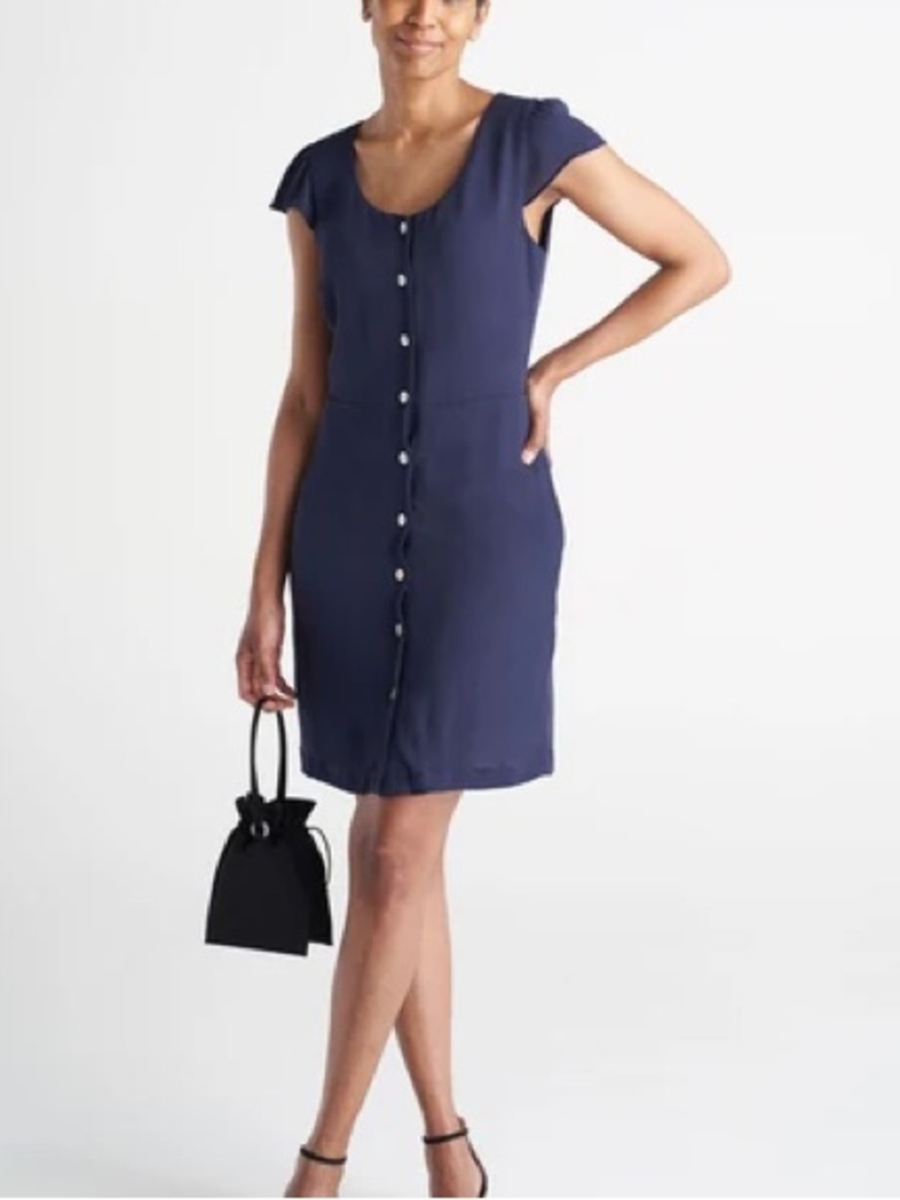 American Tall Button Down Dress Navy Blue Crepe Chiffon size XL NWT